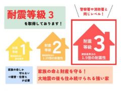 耐震等級3取得。災害時にも安心して暮らせる設計で、家族の命とマイホームを守ります。警察署や消防署と同等の強度で安心です。（詳細は担当者に確認ください）